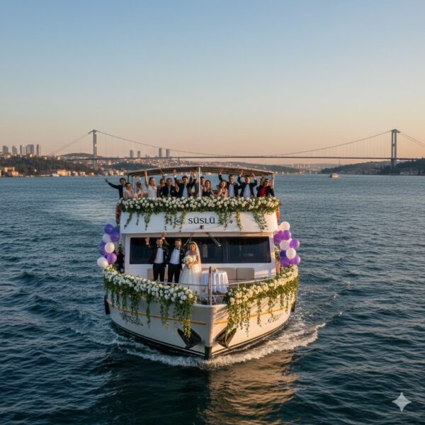 İstanbul Boğazı’nda süslenmiş davet teknesi ve gelin damat organizasyonu