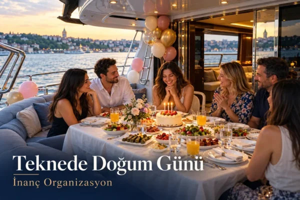 Teknede doğum günü için pasta ve balonlarla süslenmiş masada kutlama