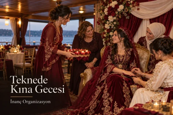 Teknede kına gecesinde bordo bindallılı gelin ve kına tepsisi